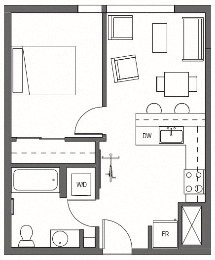 Floor plan for 1 bed, 1 bath, 529 sqft